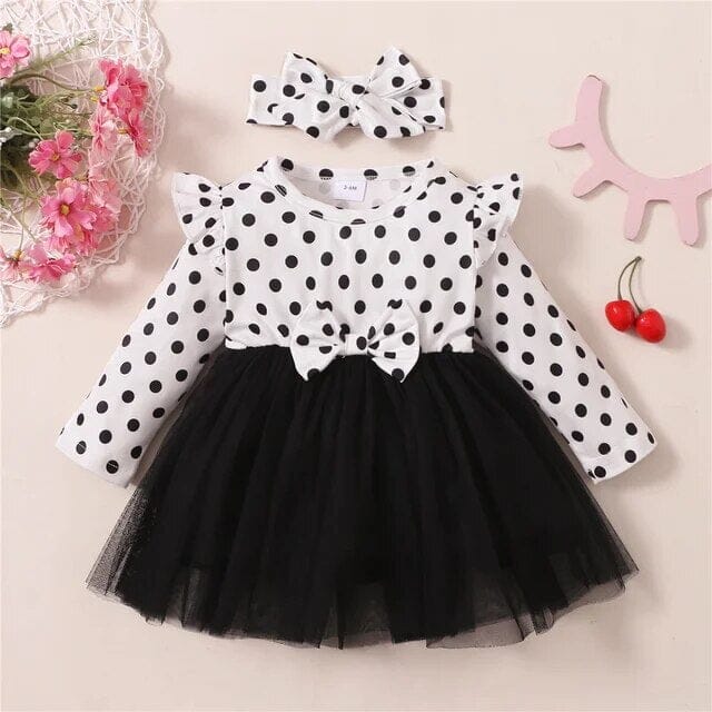 Polka Dot Princess Dress Set Girls Clothing Baby Boujee Black + White 6M 