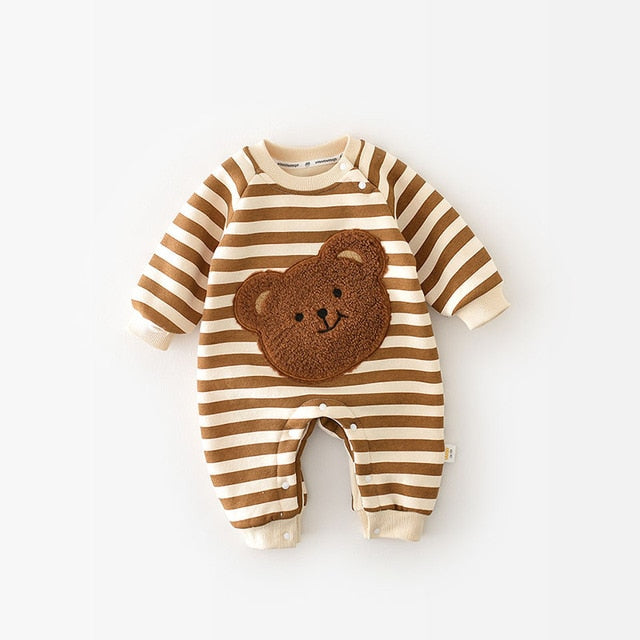 Little Bear Romper Newborn + Infant Baby Boujee Cream + Brown Stripe 3-6M 