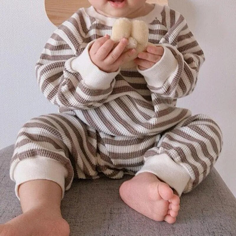 Tiny Trendy Striped Jumpsuit Unisex Clothing Baby Boujee White + Brown 6M 